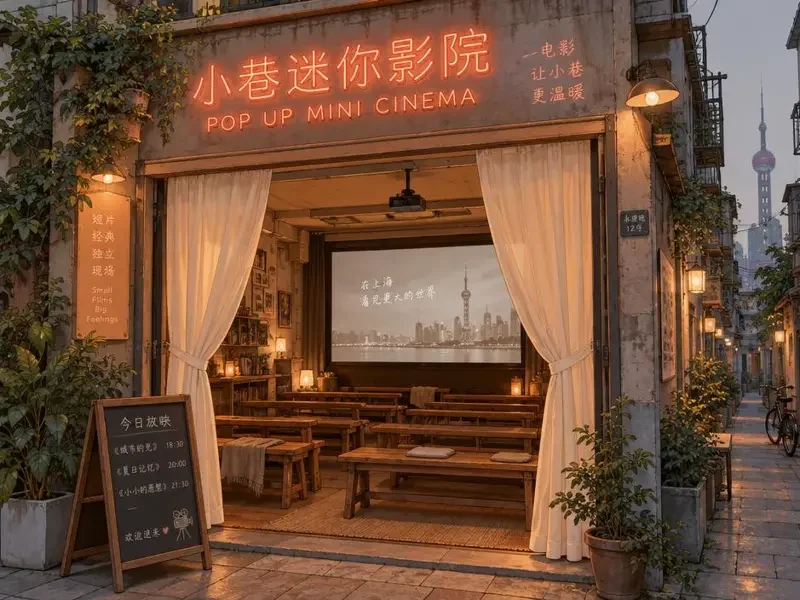 上海 神马影院 快闪放映厅外观，珊瑚橙霓虹与米白窗帘