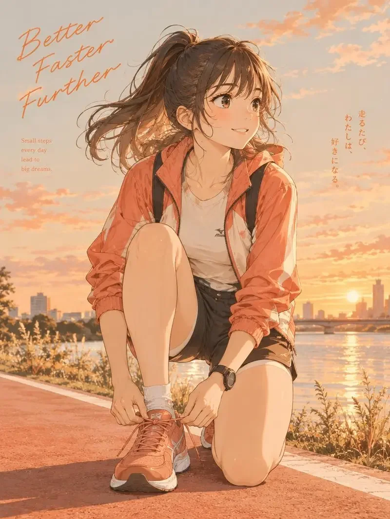 《逆风跑者》封面，河堤跑道上系鞋带的少女