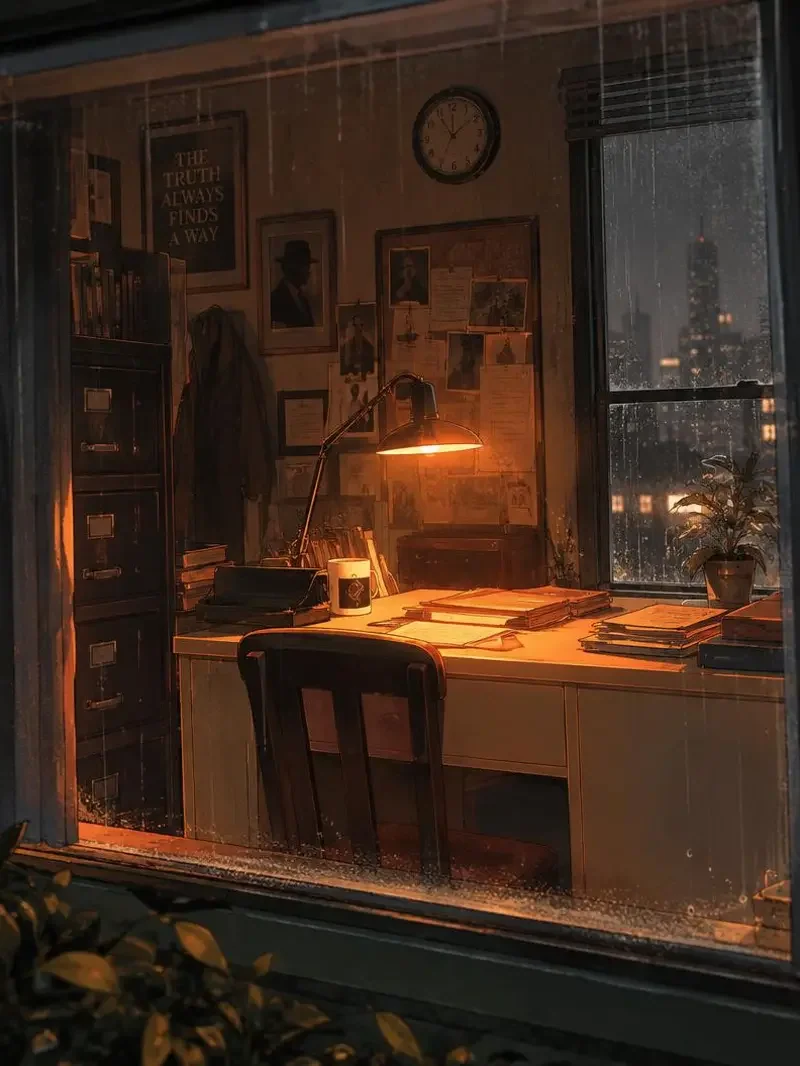 《雨夜侦探社》封面,雨窗与暖灯下的侦探办公室